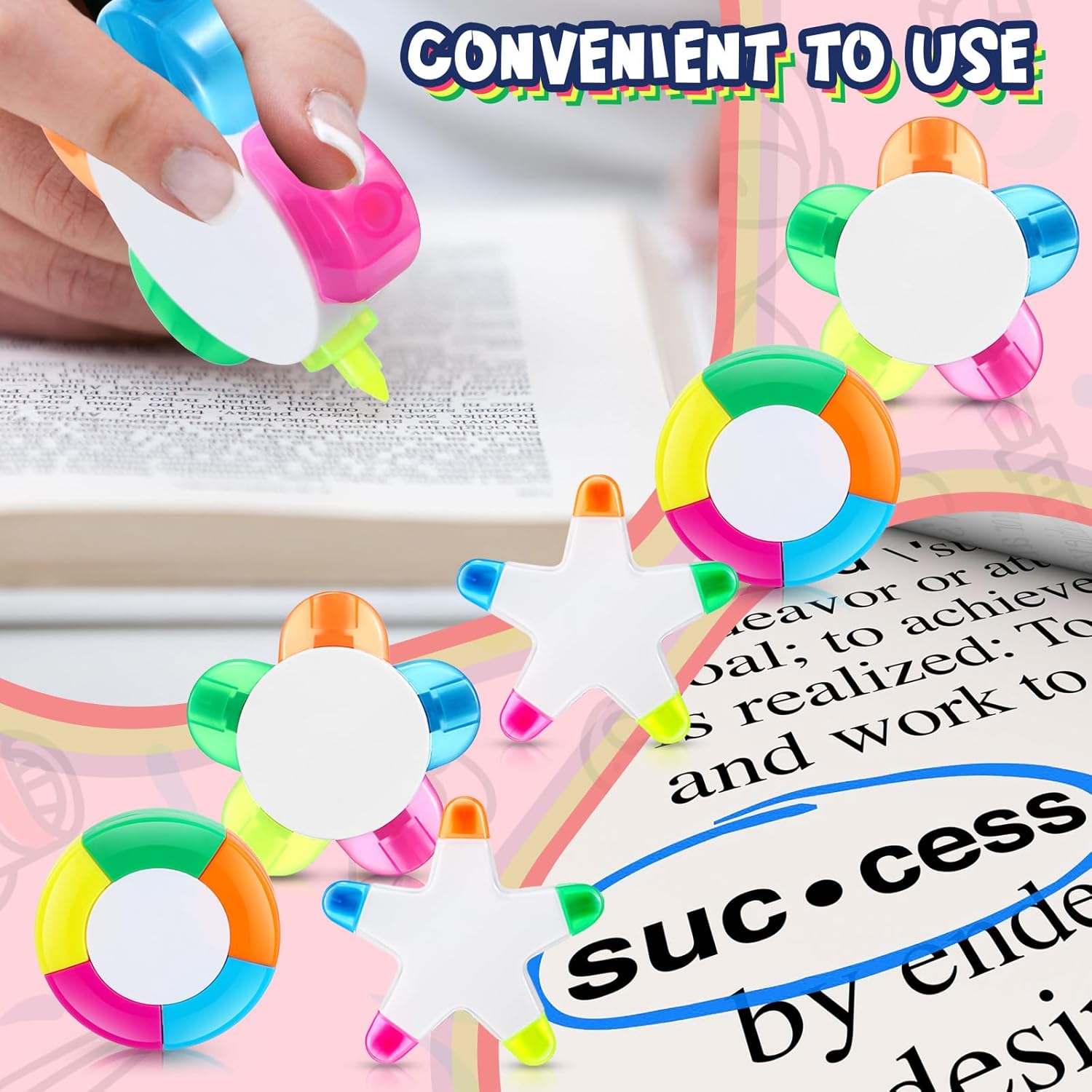 Dunzoom 48 Pcs Highlighter with Star Petals Round Shape Assorted Colors Back to School Watercolor Highlighter Pens 5 in 1 Fluorescent Pens for School Office Stationery Aesthetic Supplies