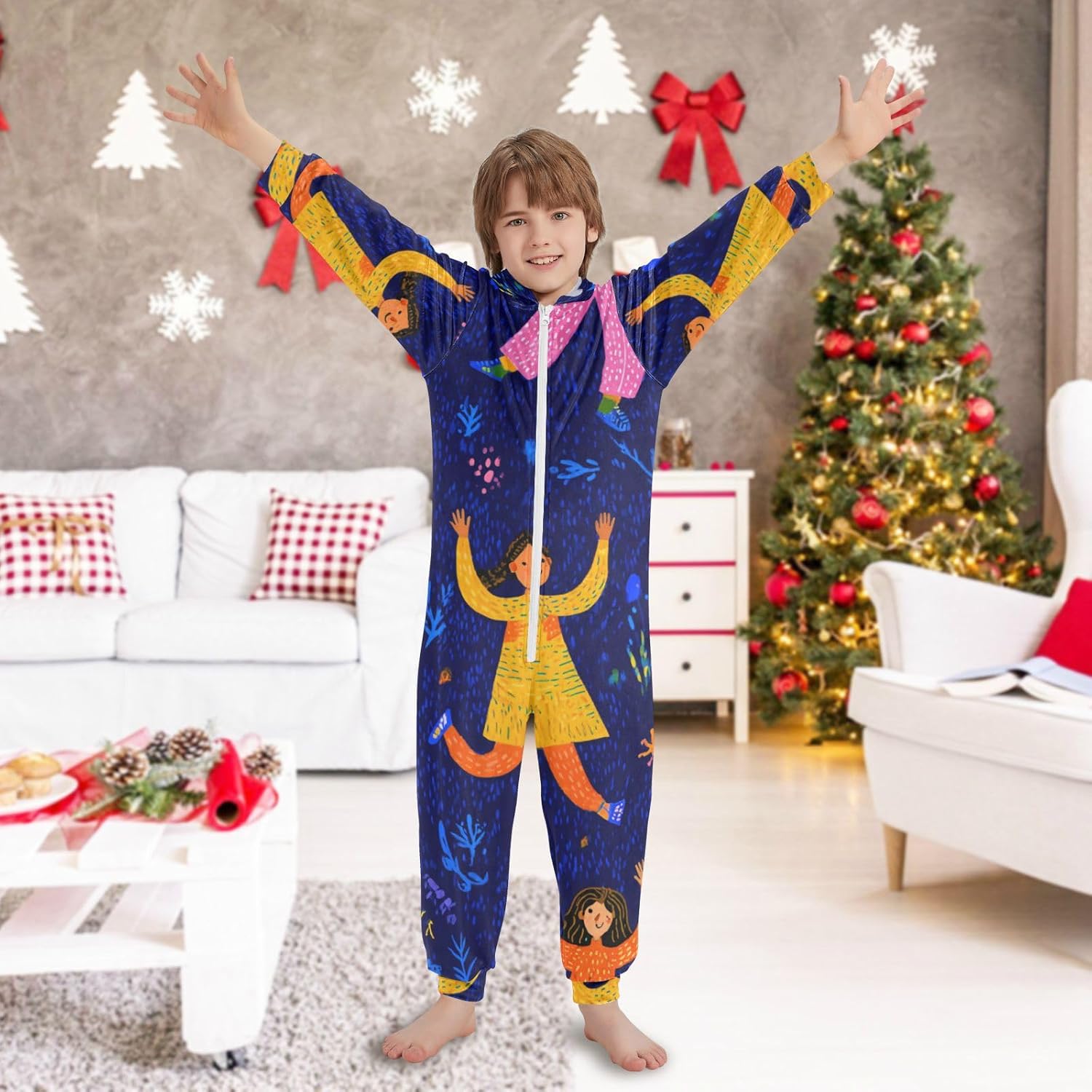 Cartoon Colorful Dancing CuteSleepwear Holiday PajamasSoft Warm Hooded Loungewear Sleepwearfor Parties Sleepovers
