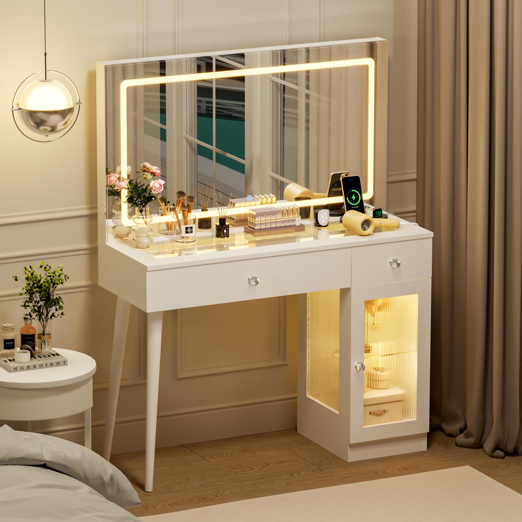 Pamapic Dressing Table with LED Light, Vanity Desk with Power Outlet & Glass Top, Vanity Table with 2 Drawers& 1 Cupboard, Makeup Desk with Large HD Mirror, Adjustable Brightness, White, 105x40x135 cm