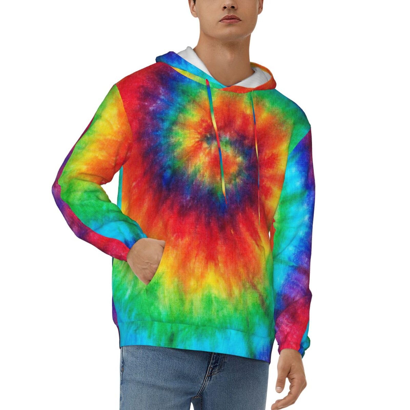 JUEXDEME Men'S Casual Pullover Hoodie Hooded Sweatshirt Tie Dye Rainbow Print Long Sleeve Colorful Drawstring Hoody Tops With Kanga Pockets