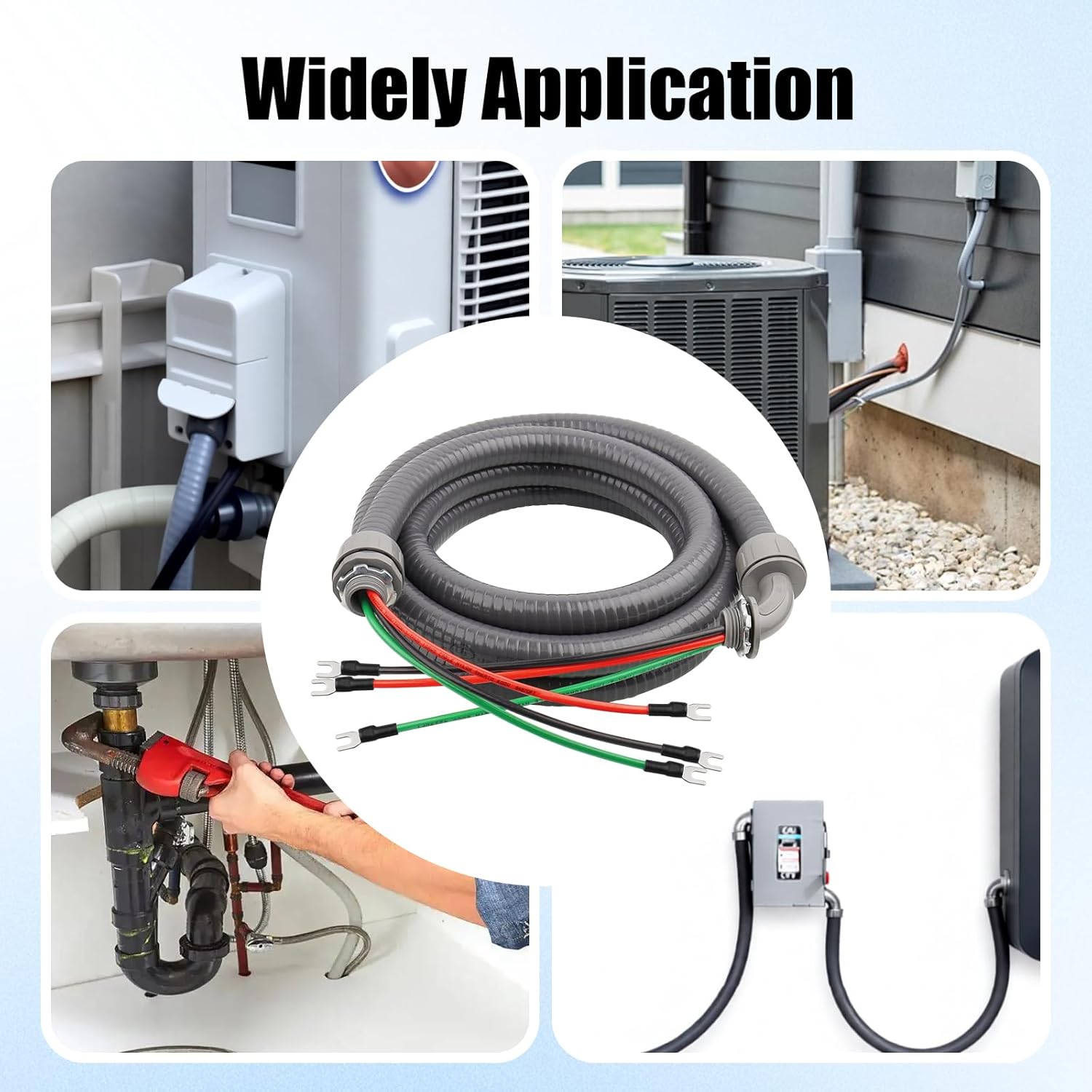 1/2Inch Power Whips Assembly, 8FT Nonmetallic Liquid Tight Flexible Conduit Wire with 3 Conductors 10 Gauge THHN Electrical Wires, A/C Hook-up Whip Kit Electrical Wire(8FTx1/2Inch)