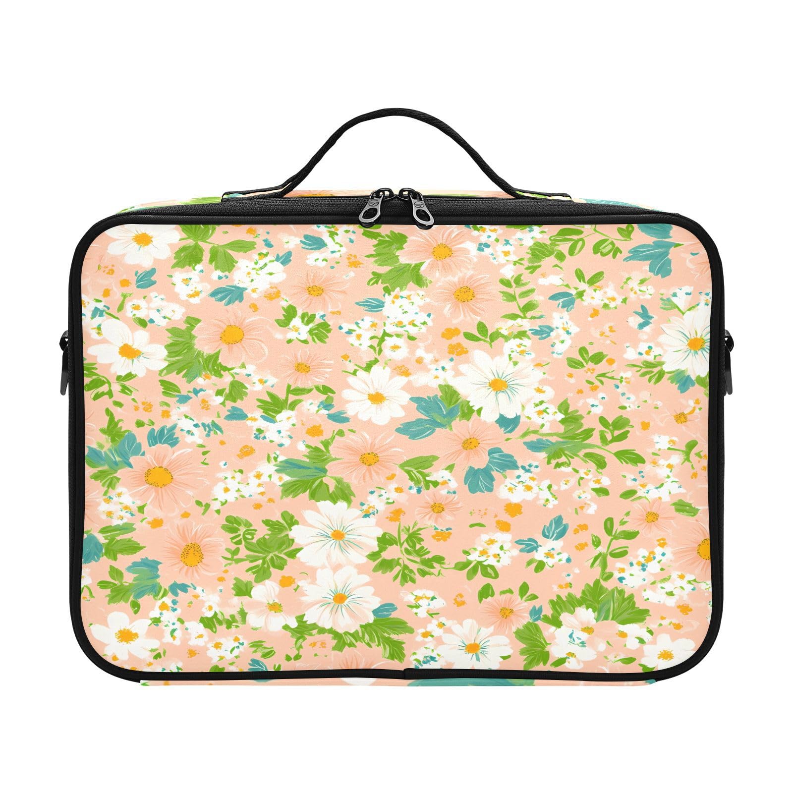zyrtty Travel Makeup Train Case White Pink Flower Green Leave Pattern Cosmetic Organizer Portable Storage Bag with Adjustable Dividers for Cosmetics Brushes Toiletry Jewelry Digital Accessories