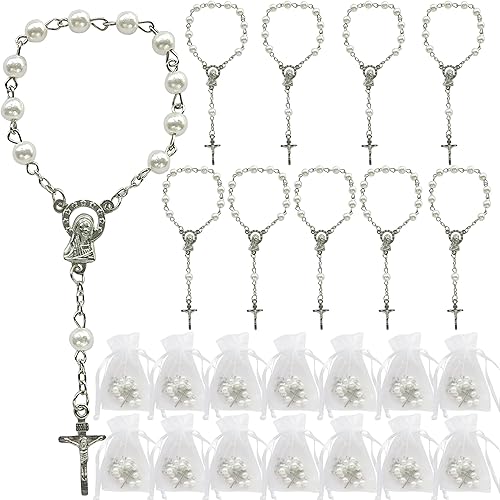 Bautizo Favores (24PCS) Mini Rosarios de perlas simuladas con detalles chapados en Sivler - Reduerdos Mini rosarios/Recuerditos De Bautismo -