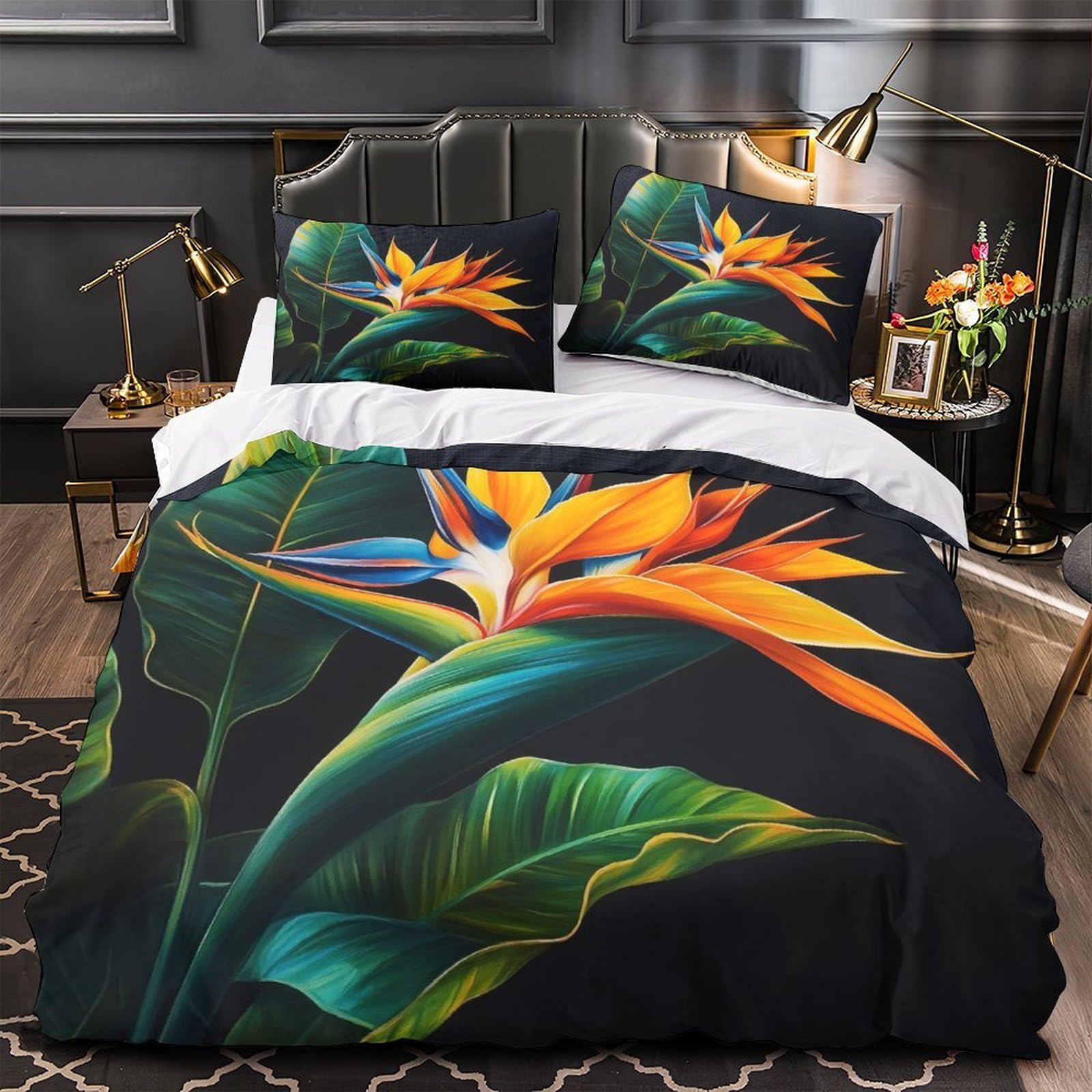 Housse de couette fleurs tropicales 260x220 parure de lit super king en microfibre
