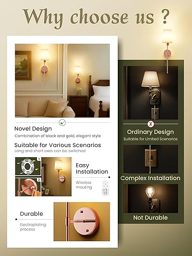 Miniatura 8 de Juego de 2 apliques de pared con pilas, luces de pared inalámbricas de oro rosa con bombillas magnéticas recargables y control remoto, regulables y