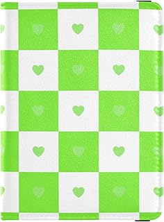 Buffalo Plaid Check Heart Green Leather Passport Holder Cover Wallet Travel Passport Wallet Badge ID Vaccine Card Holder Wallet Ultra Slim