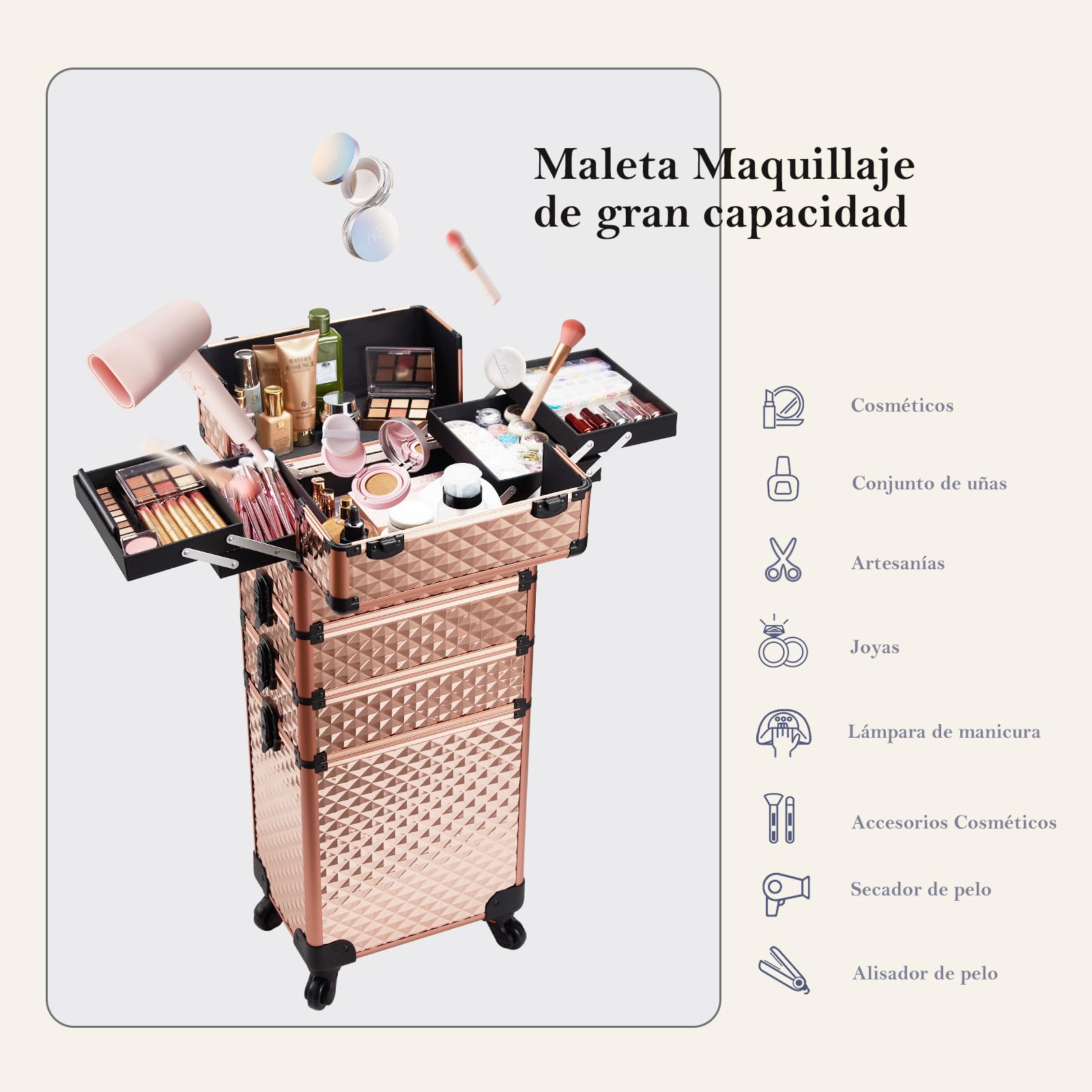 Maleta Maquillaje 4 en 1 Maletin Maquillaje Rueda de Gran Capacidad Caja Maquillaje Maletin de Cosméticos portátil con Cerradura Organizador de Maquillaje, Oro Rosa