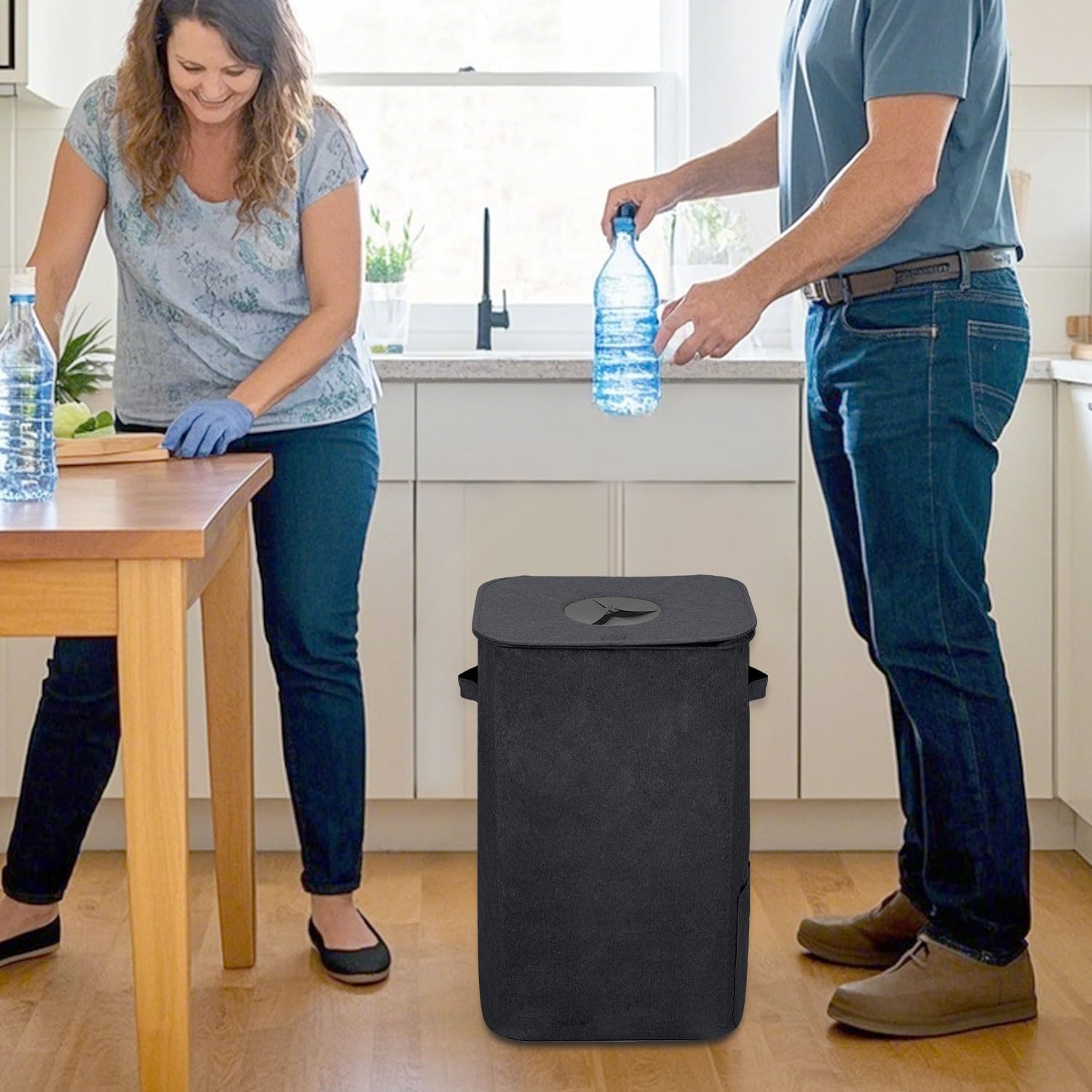 100L Schwarz 2X Pfandflaschen Sammelbehälter mit Deckel & 2X Tragetasche,Behälter Leergut & Altglas Aufbewahrung, Robuster Flaschensammler für Küche