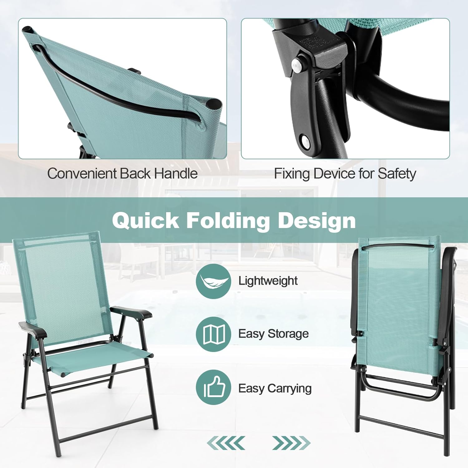 Tangkula Patio Folding Chairs Set of 4, Outdoor Sling Chairs with Breathable Fabric Back & Seat, Portable Dining Camping Chairs for Poolside, Yard, Garden, Deck, Lawn, Beach (Mint Green)