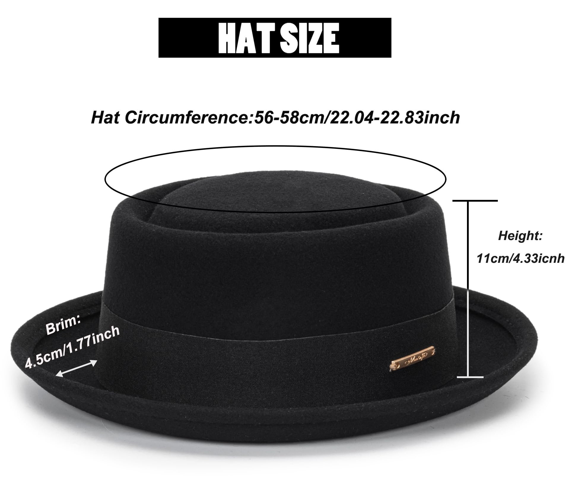 Sombrero de Porkpie Plano para Hombre, Sombrero de Lana Negra con Banda (S-M), Negro con Banda, M