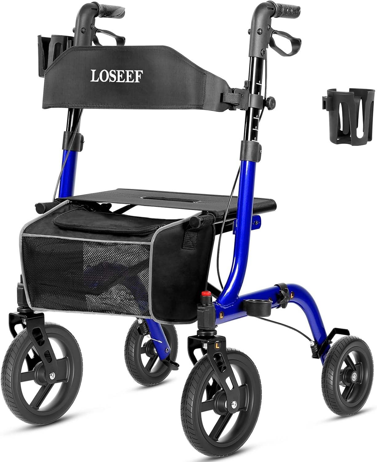 Foldable Rollator Walkers With Seat For Seniors, 10" Big Rubber Wheels All Terrain Rollator Walker With Adjustable Backrest And Handles, 350 Lb, Cup Holder, Lightweight 4 Wheel Walker For Seniors Blue