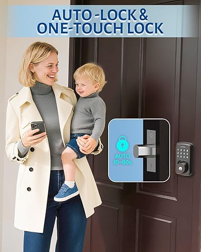 Miniatura 4 de Cerradura de puerta de entrada sin llave con asa, cerradura de puerta inteligente con huella digital, liberación 5 en 1, bloqueo automático,