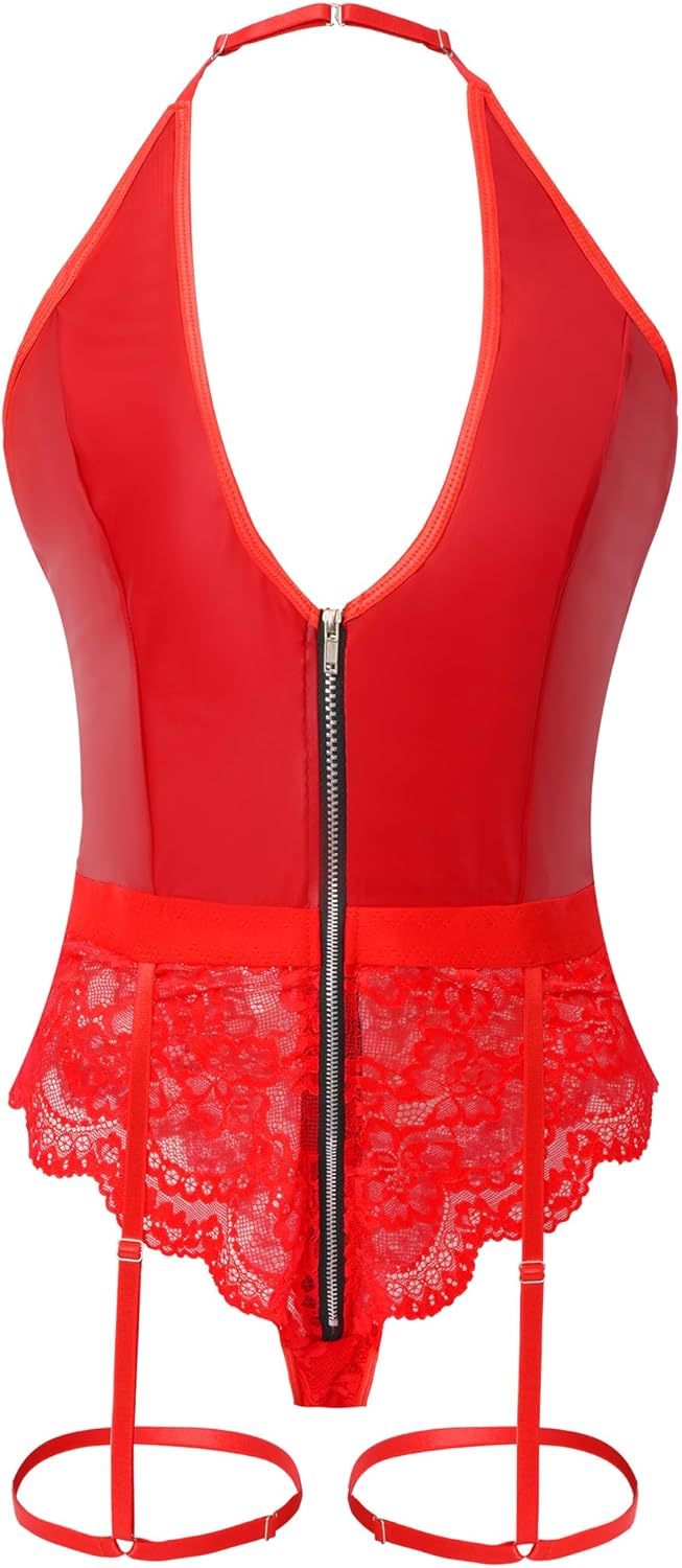 Women's PU Leather Lingerie Set with Garter Belt Sexy Lace Patchwork Teddy Bodysuit One Piece Zipper Babydoll