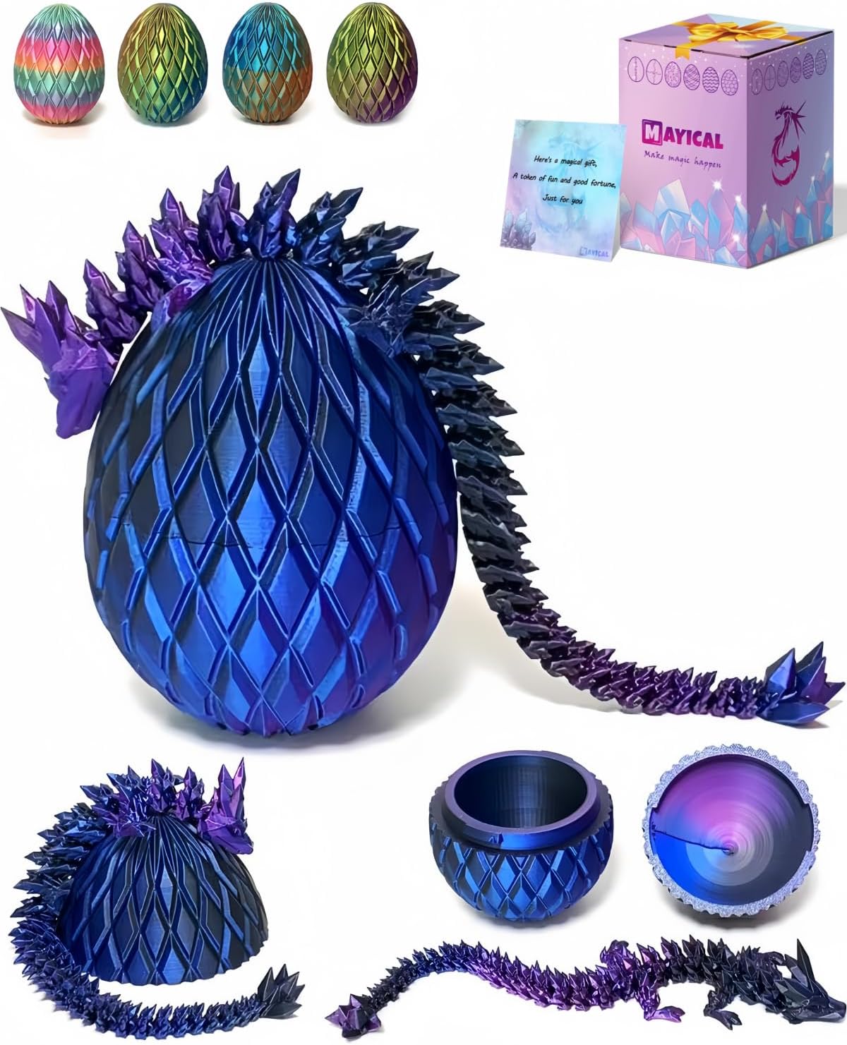 3D Printed Dragon Egg, Large 12" Mix 3 Laser Color Crystal Dragon in Eggs with Gift Box & Card, 3D Printed Animals Figurine Birthday Gifts (BlackBluePurple)