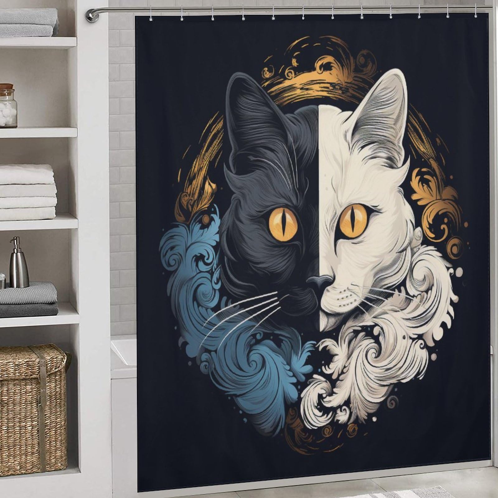 Rideau de douche chat en tissu lavable 183x183 cm pour baignoire