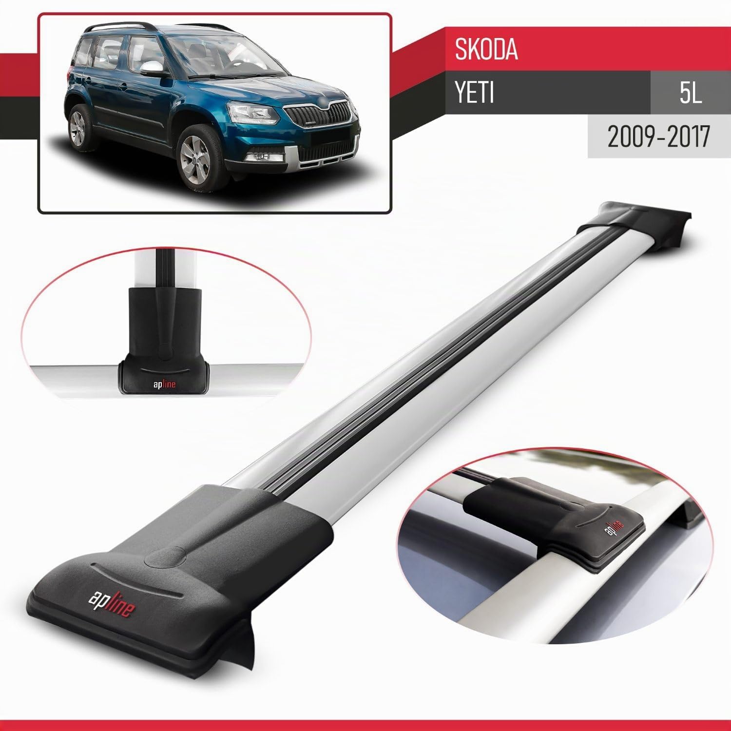 Compatible con Skoda Yeti (5L) 2009-2017 Modelo Fly Barra de Techo Auto Portaequipajes Barras Transversales Gris Aluminio 2 Barras