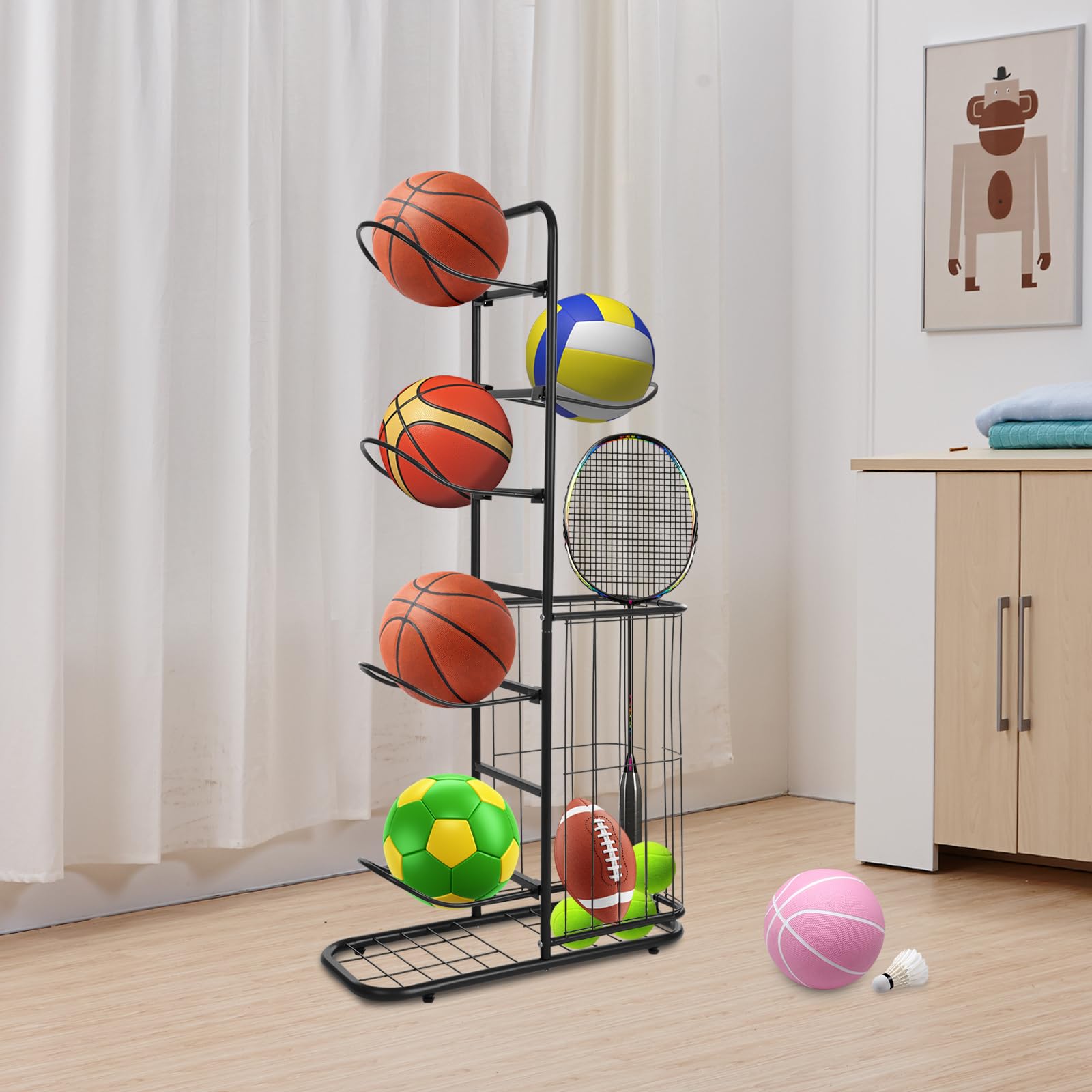 Estantería de almacenamiento de baloncesto, soporte para pelotas con 5 soportes de bolas y cestas, organizador para equipos deportivos, organizador para rugby, voleibol, fútbol