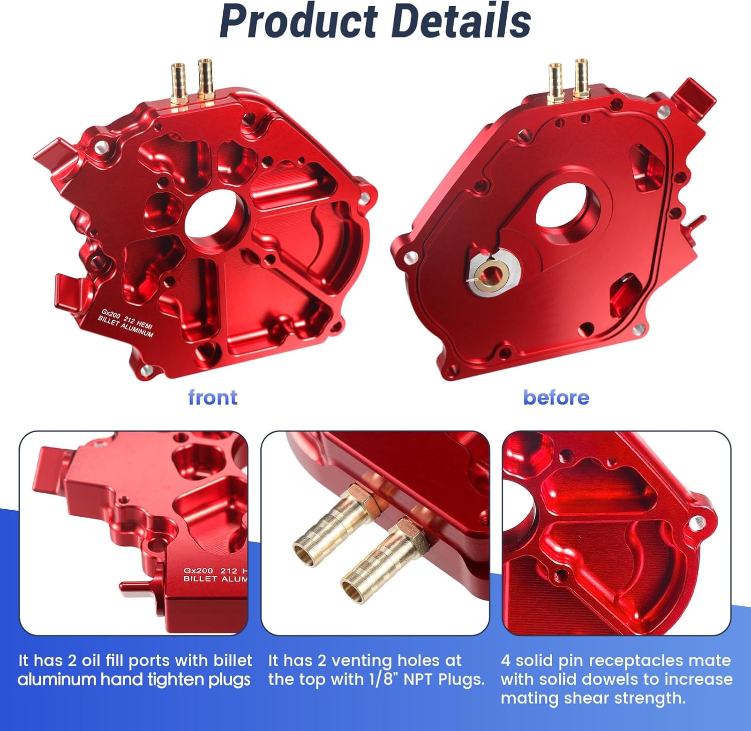 Dual Bearing Billet Crankcase Side cover For GX200/Clone 196 Predator Hemi, Ghost, Tillotson 212 and 224 Engine Red