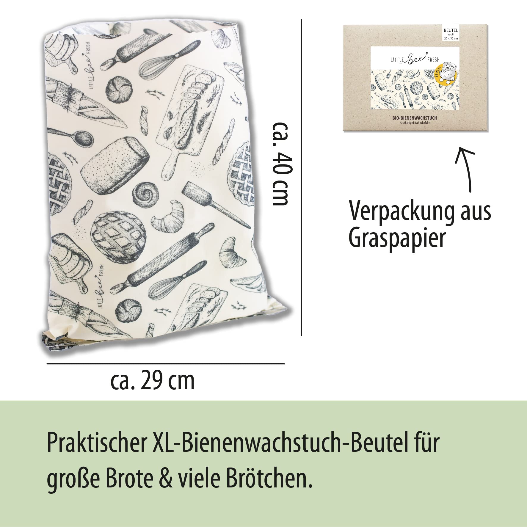 little bee fresh Bio-Bienenwachstuch XL Brotbeutel 29x40 cm aus Deutschland - hält Lebensmittel natürlich, schön & plastikfrei frisch! Handgemacht aus Bio-Rohstoffen (XL Brotbeutel)