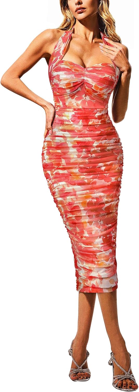 VFSHOW Womens 2025 Halter Off Shoulder Cocktail Ruched Bodycon Midi Dress Sexy Backless Slim Fitted Wedding Guest Dresses