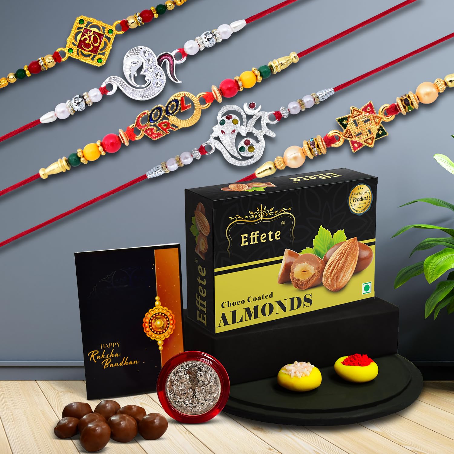 DeoDap Rakhi For Brother Set Of 5 & Effete Chocolate Almonds with Silver Color Pooja Coin(K5_NC43_CA32), 200 grams (B09B53QMPG) Amazon Price History, Amazon Price Tracker