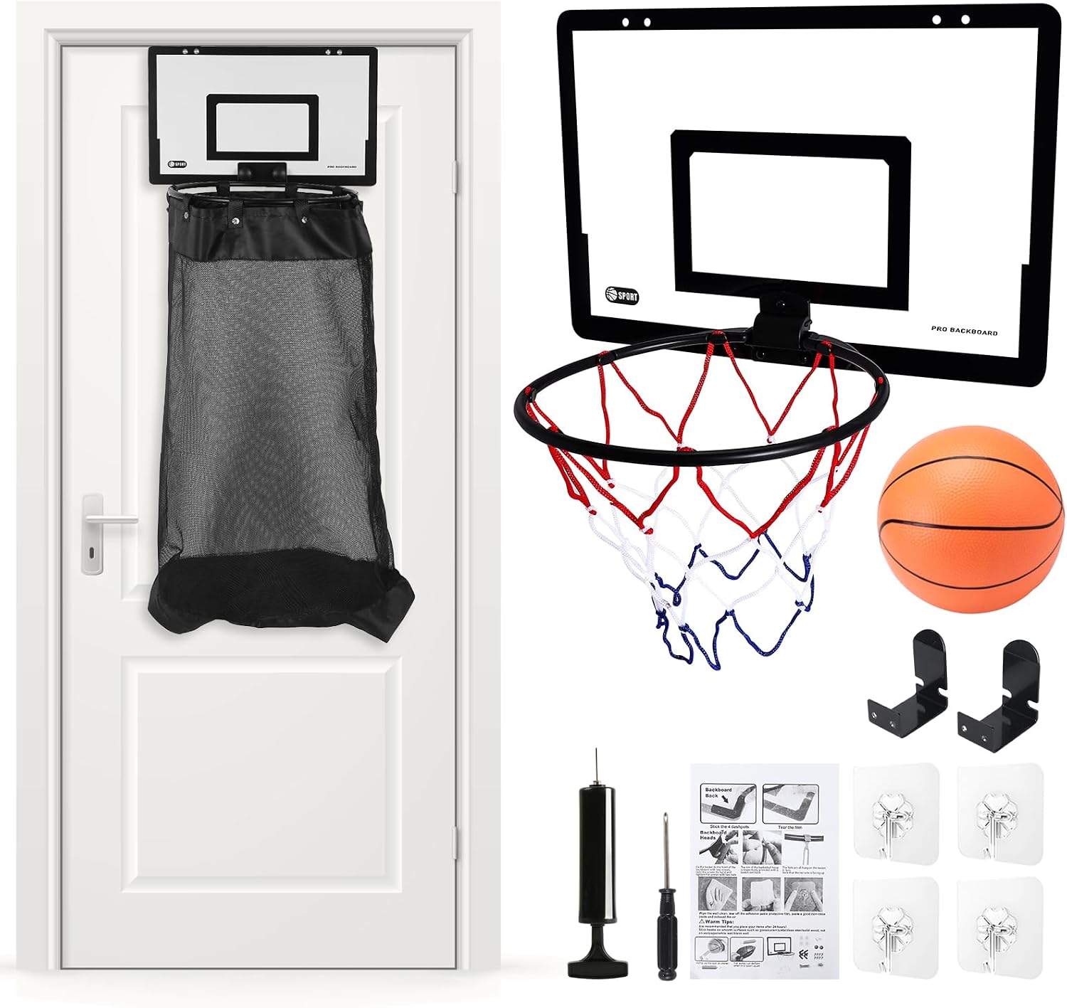 Basketball Laundry Hamper Set, Over the Door Hanging Basketball Laundry Basket with Drawstring Clamp and Ball for Bedrooms Dorm Bathroom, Black, Wood and Steel