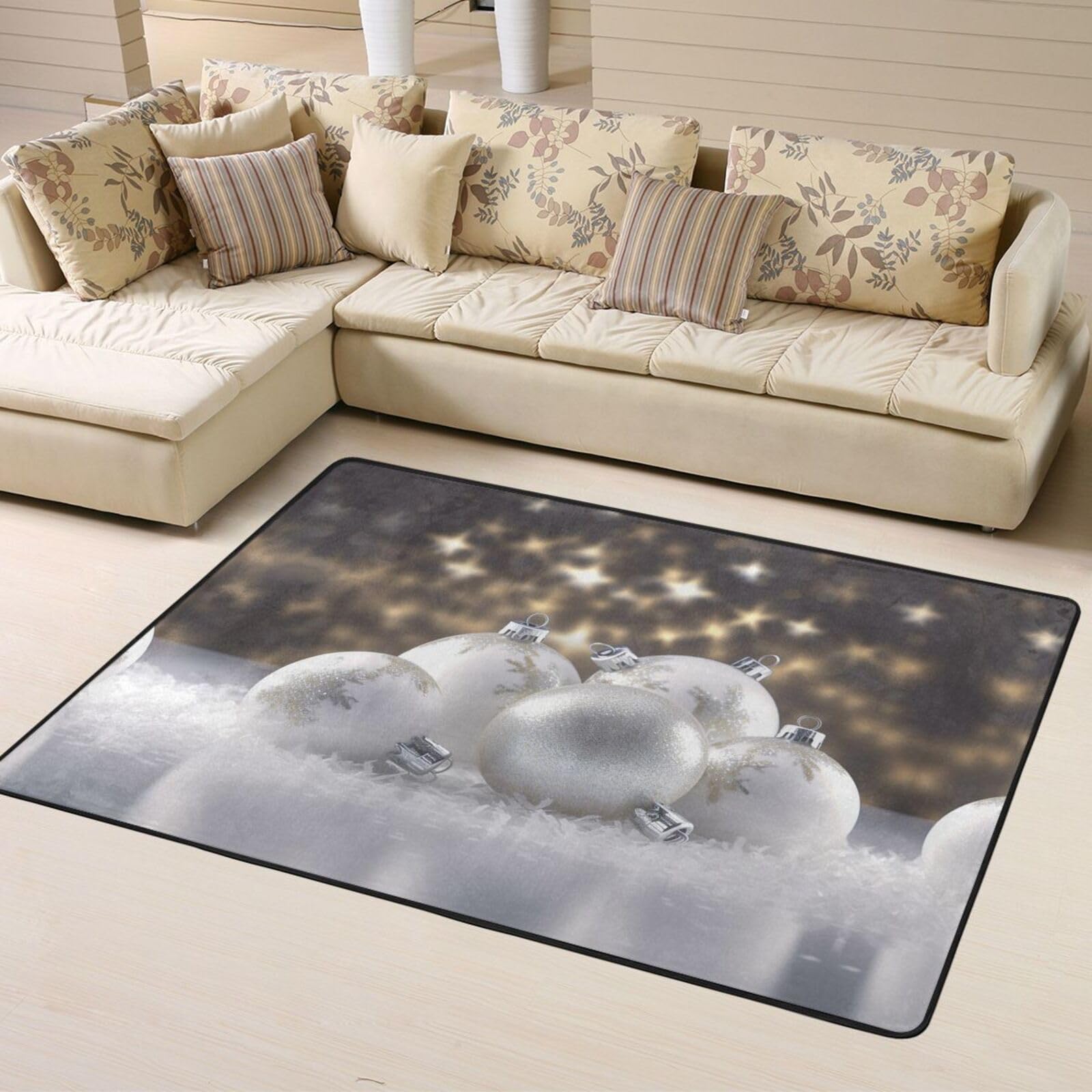 Felpudo antideslizante de franela con diseño de bolas de Navidad, 160 x 122 cm, para puerta delantera y trasera, para interiores y exteriores