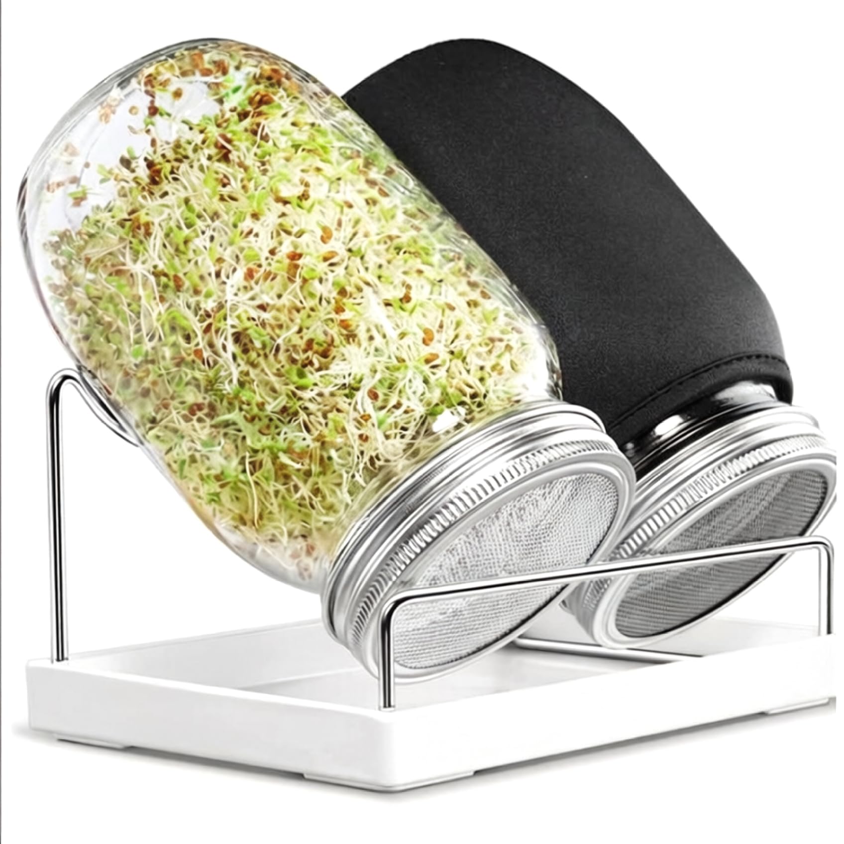 Kit de Culture de germes Pot Germination à Large Ouverture avec couvercles en Maille d'acier Inoxydable Plateau d'égouttage et Support pour Brocoli Haricot Mungo et Luzerne