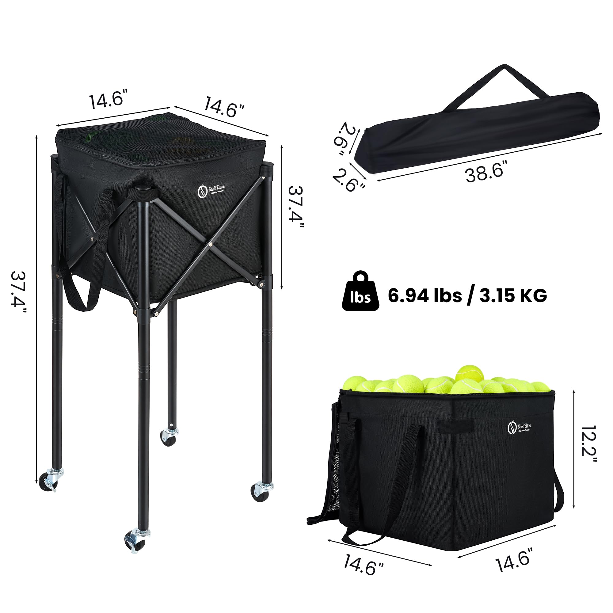 Tolva portátil para pelotas de tenis y canasta de pickleball | Carrito plegable, bolsa de almacenamiento incluida, uso multideportivo