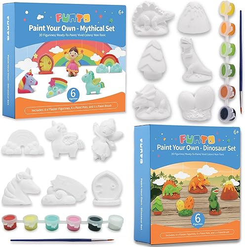 Funto Pinta tu propio unicornio y dinosaurio, 12 figuras, artes y manualidades para niños, cerámica para pintar, proyectos de vapor, actividad