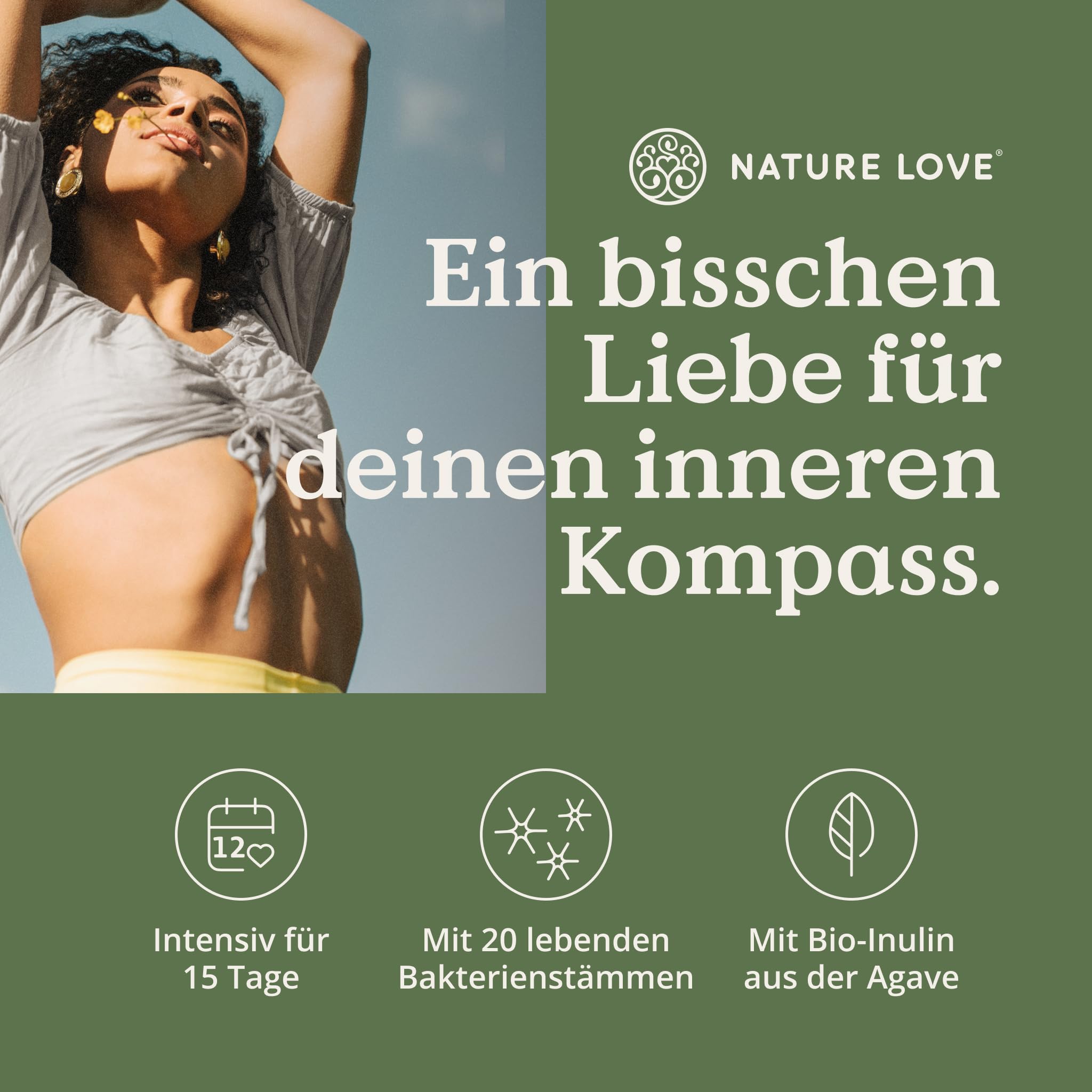 NATURE LOVE® Probiona PLUS - 120 Mrd KBE je Tagesdosis (hochdosiert) - 20 Bakterienstämme + Bio Inulin - 60 magensaftresistente Kapseln - vegan, entwickelt in Deutschland, Markenrohstoff aus Italien