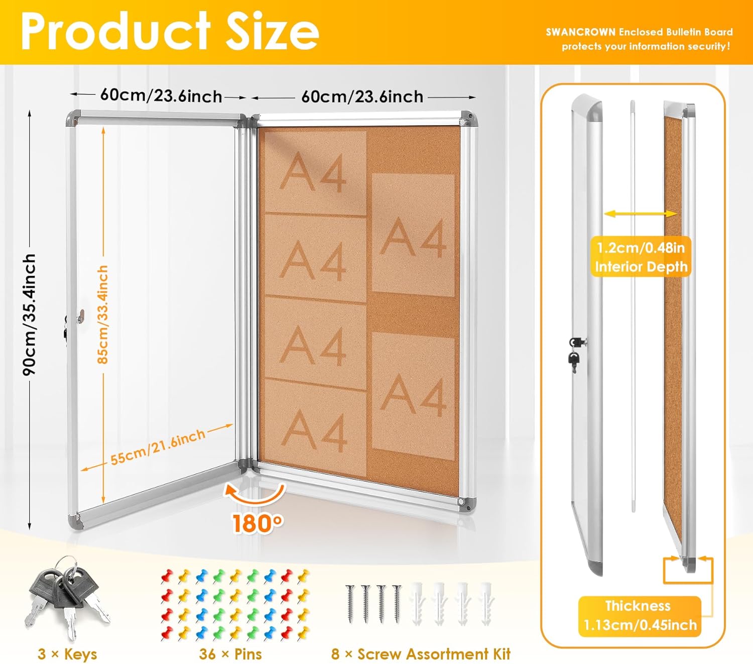 SWANCROWN Enclosed Bulletin Cork Board 36x24 in, Lockable Bulletin Board Tamperproof Wall Display Case for Office School Trade Community, Aluminum Frame