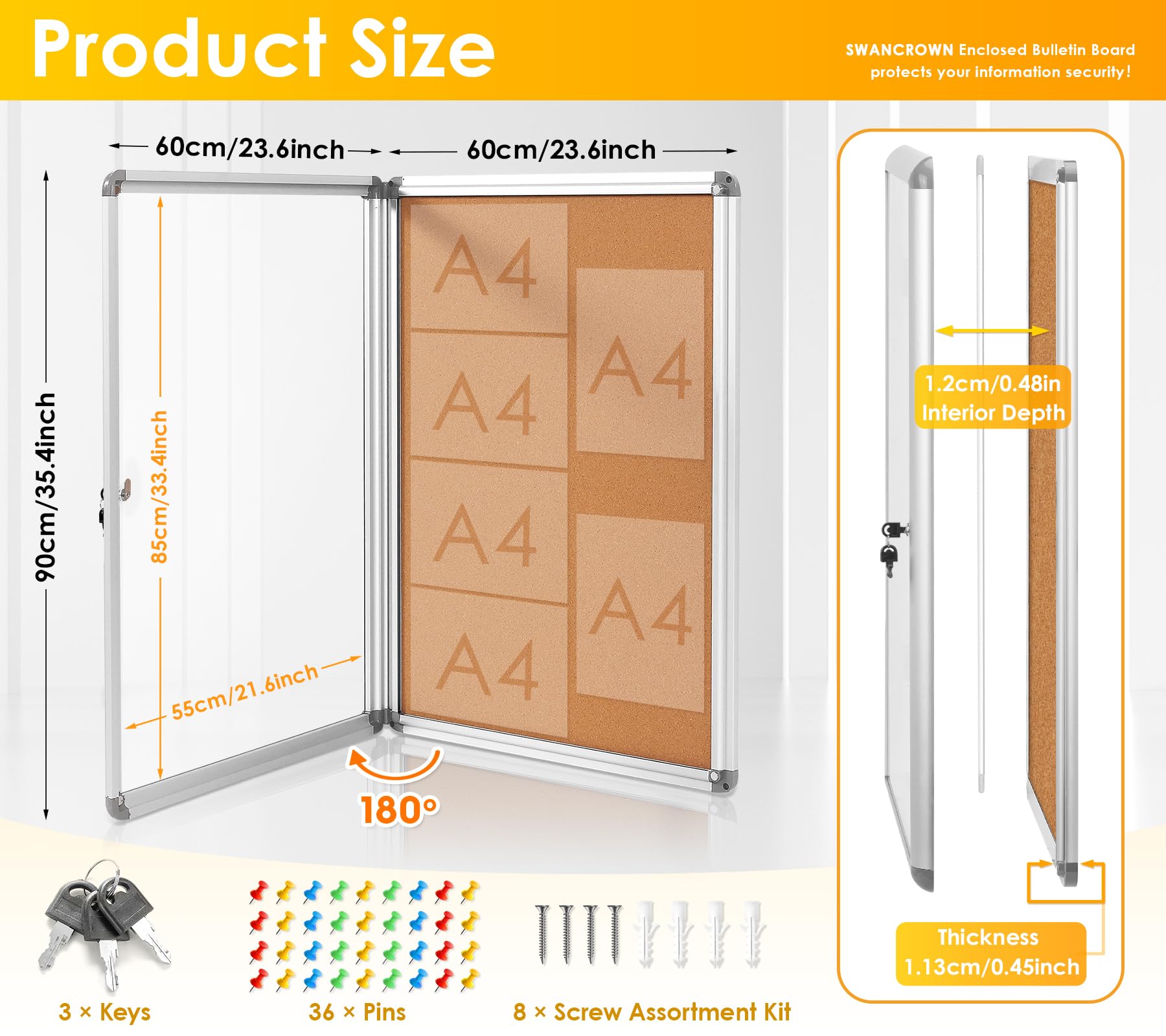 SWANCROWN Geschlossene Pinnwand, Kork, 91,4 x 61 cm, abschließbar, manipulationssicher, Wandvitrine für Büro, Schule, Handel, Gemeinschaft, Aluminiumrahmen