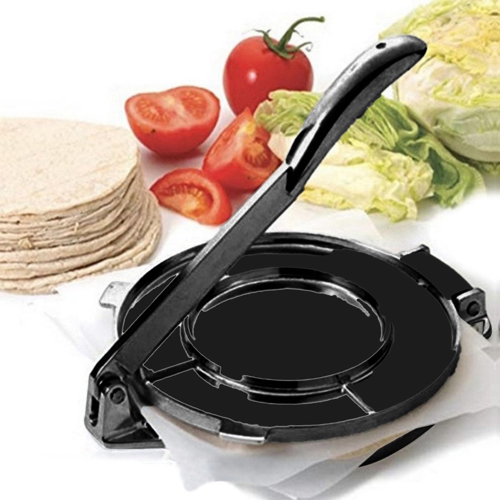 Prensa de tortilla de aluminio, fabricante de tortillas de harina, prensa para tortillas para uso en la cocina, uso doméstico (16 cm, negro)