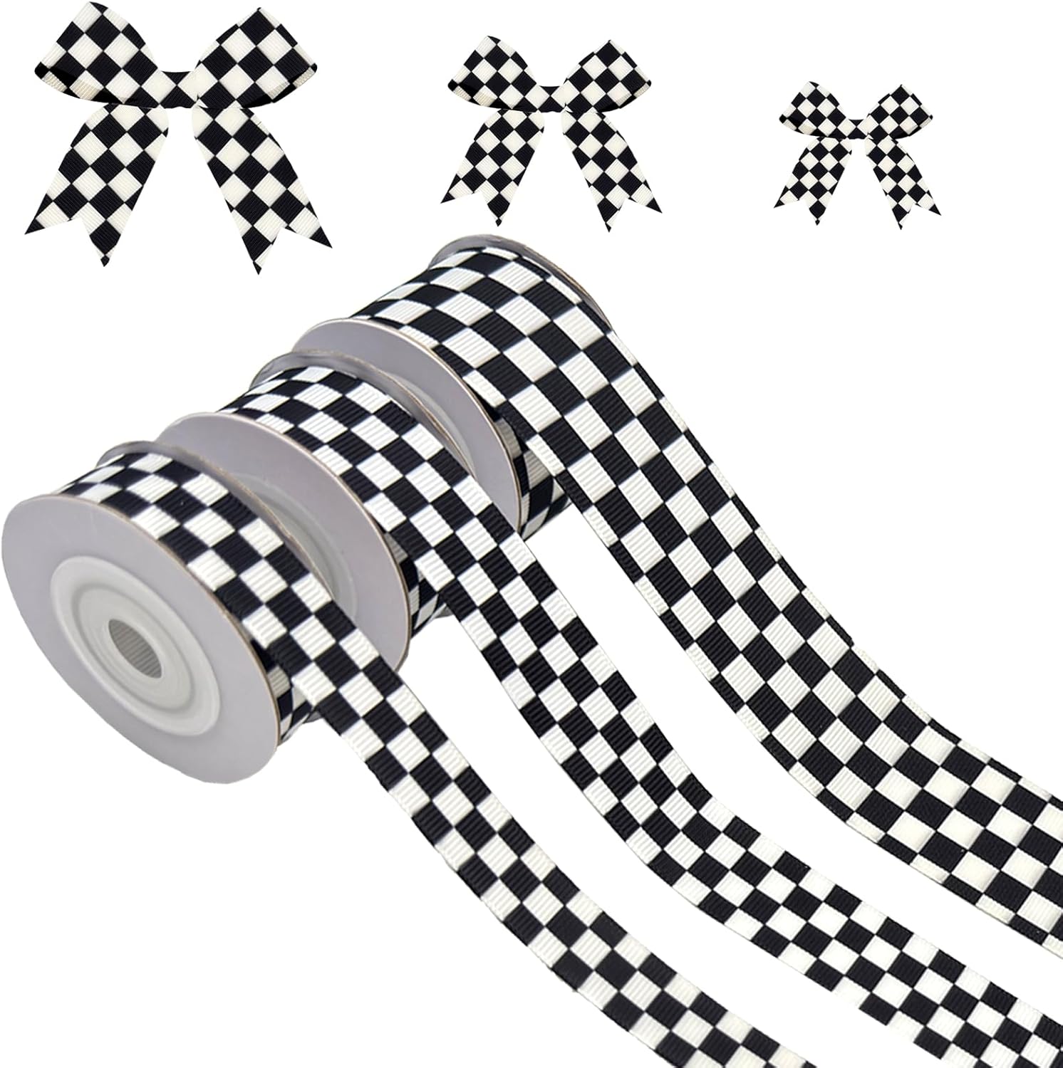 Amazon.com: 3 Rolls White Black Checkered Grosgrain Ribbon Racing Car ...