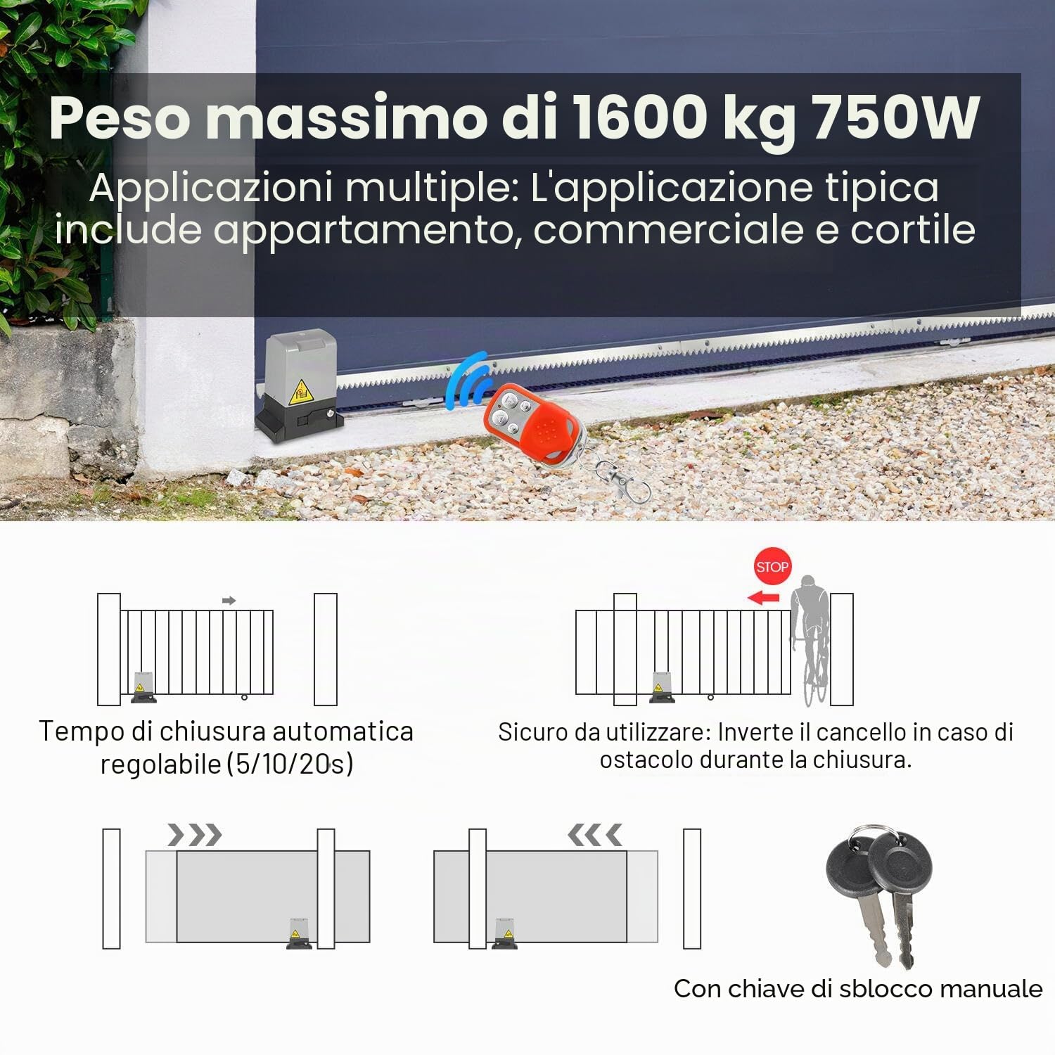 Trasmissione per cancello scorrevole 750W, motore per garage fino a 1600kg, set motore per cancello scorrevole da telecomandi e funzione di chiusura automatica, motore per cancello a
