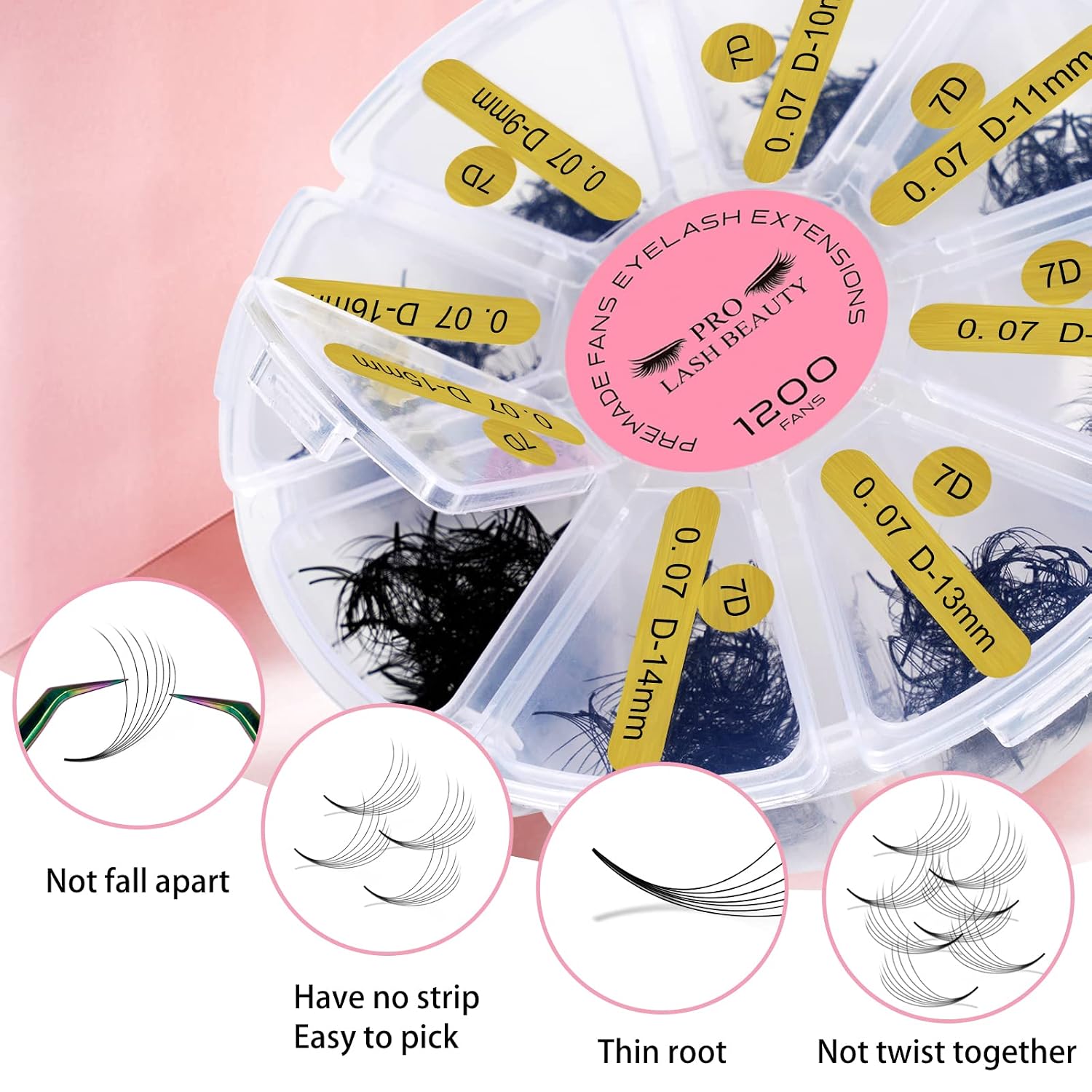 1200 Fans Premade Fans Eyelash Extensions Premade Volume Lash Extension Mixed Tray From 5D to 14D Handmade Lashes Bulk Promade Fans Soft Pointed Fans 7D-D-0.07-9-16mix