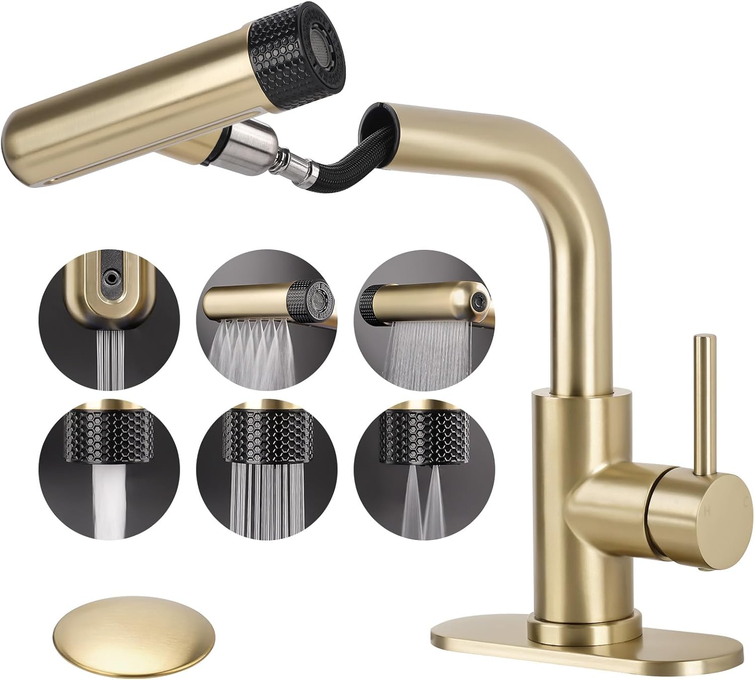 Brushed Gold Bathroom Faucet with Pull Down Sprayer, 6 Water Mode, Single Handle, 1 or 3 Hole Bathroom Sink Faucet with Pop Up Drain for RV Bar Laundry Vanity