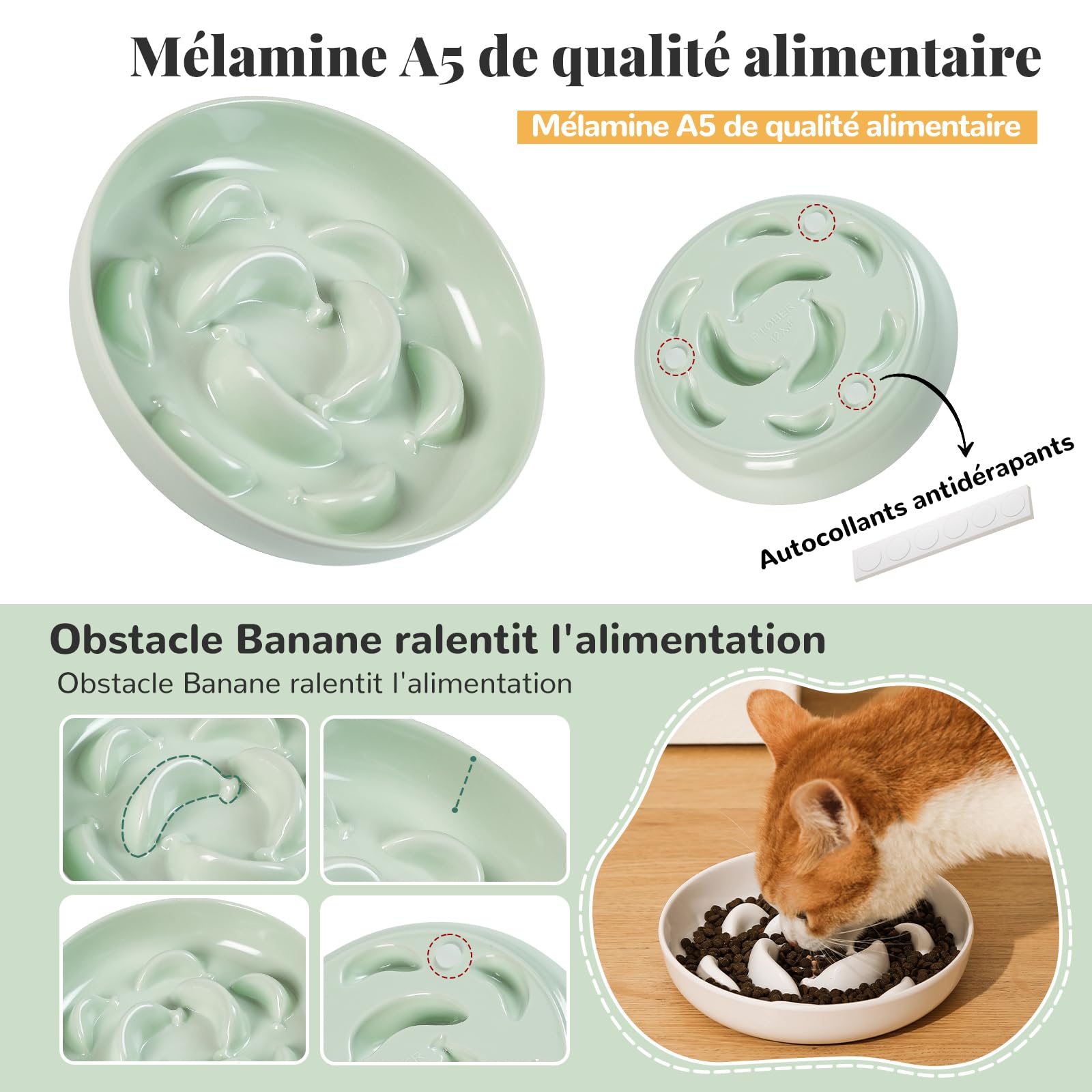 Gamelle Chat Anti Glouton Mélaminé - Lot de 3 Gamelles à Alimentation Lente - Série Pastel - Compatible Lave-Vaisselle - Blanc, Bleu, Vert