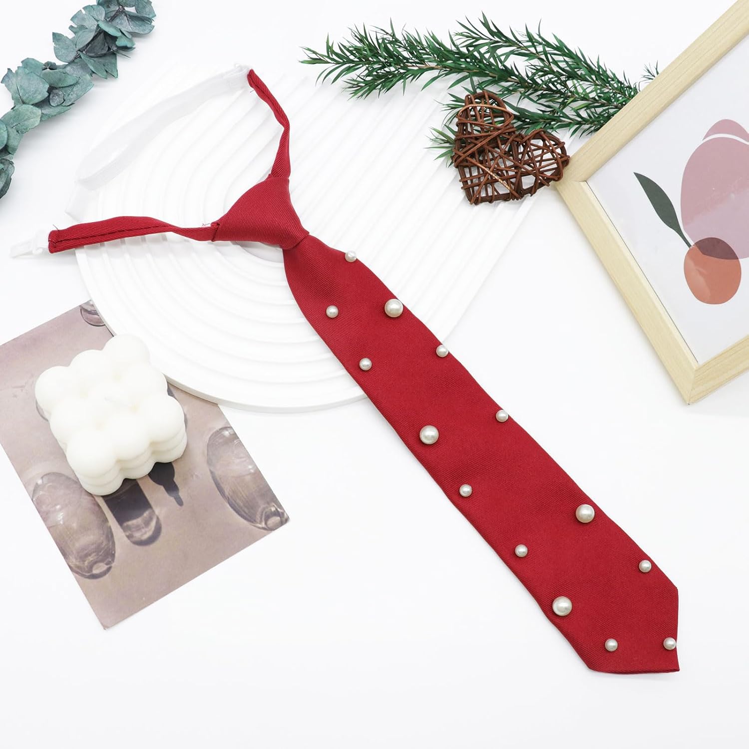 Neck Ties for Women, Pre-tied Womens Tie with Pearls Decoration Adjustable Girls Neckties for School Party Work
