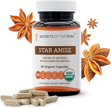 Secrets of the Tribe Star Anise 60 Capsules, 1000 mg, USDA Organic Star Anise Illicium verum Dried Seed 60 Capsules