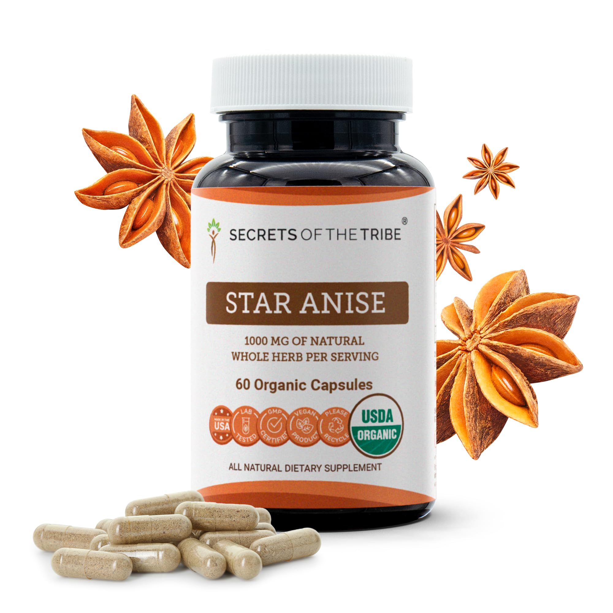 Secrets of the Tribe Star Anise 60 Capsules, 1000 mg, USDA Organic Star Anise (Illicium verum) Dried Seed (60 Capsules)