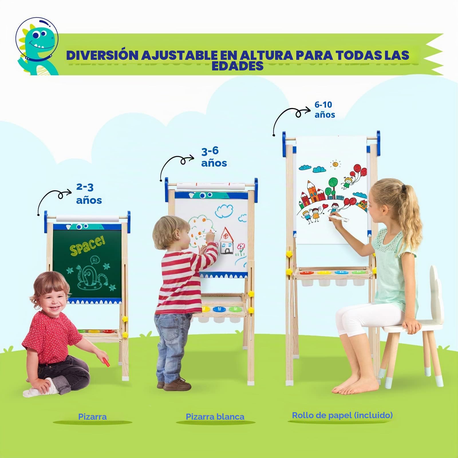 Caballete Pintura niños, Pizarra de Dibujo de Doble Cara de Madera Plegable, Caballete de Arte de Altura Ajustable con Números, Pergaminos y Otros Accesorios, edades 2-15 (Dinosaurios)