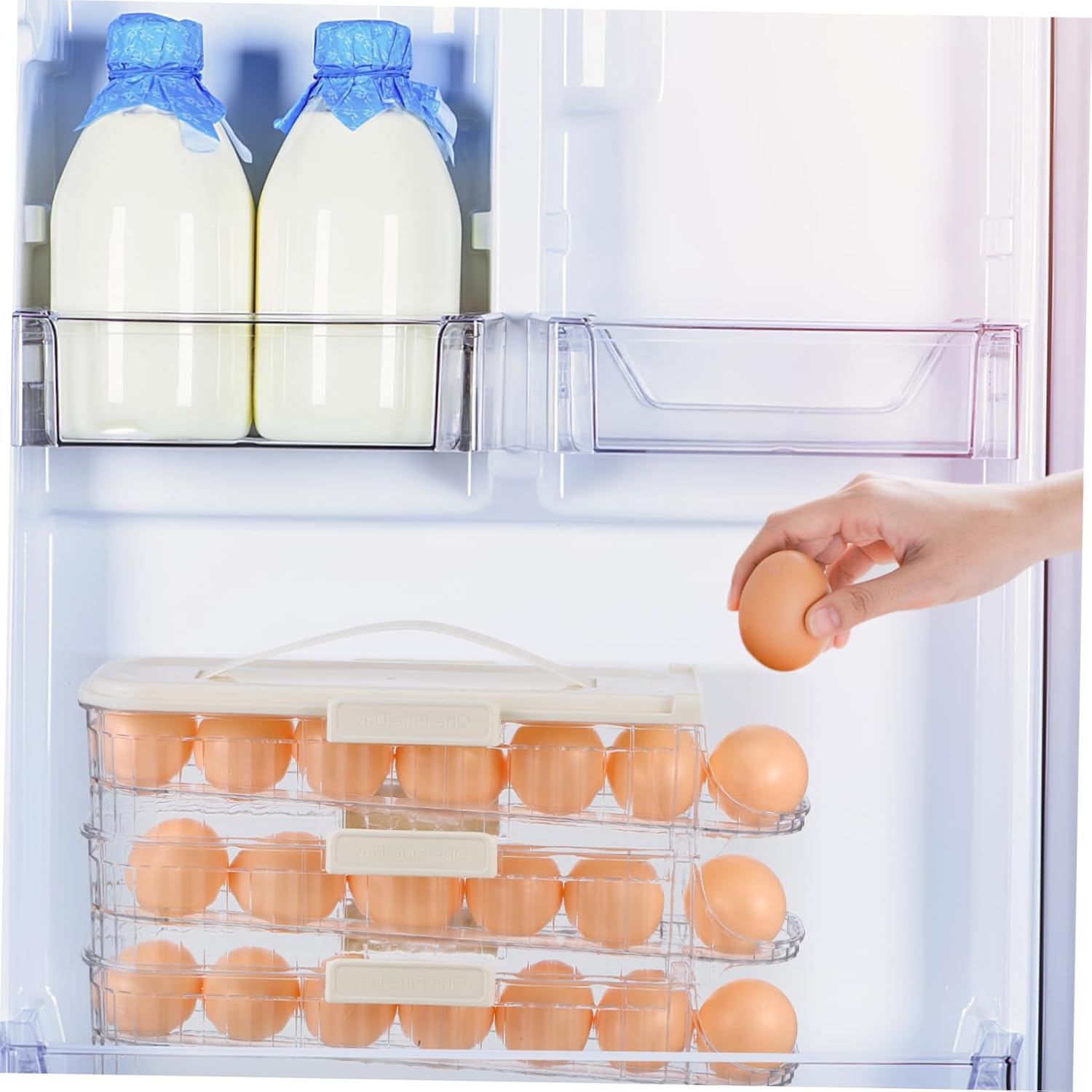 jojofuny 1piece Rolling Dispenser Tray Three Holder for Refrigerator Storage Space-saving Organizer Easy Creamy White for Family Use