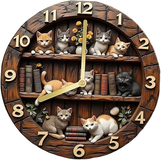 3D Stereo Wall Clock, Cat Bookshelf Wall Clock, Cute Healing Style Silent Non-Ticking Wall Clock for Cat Lovers (12inch)