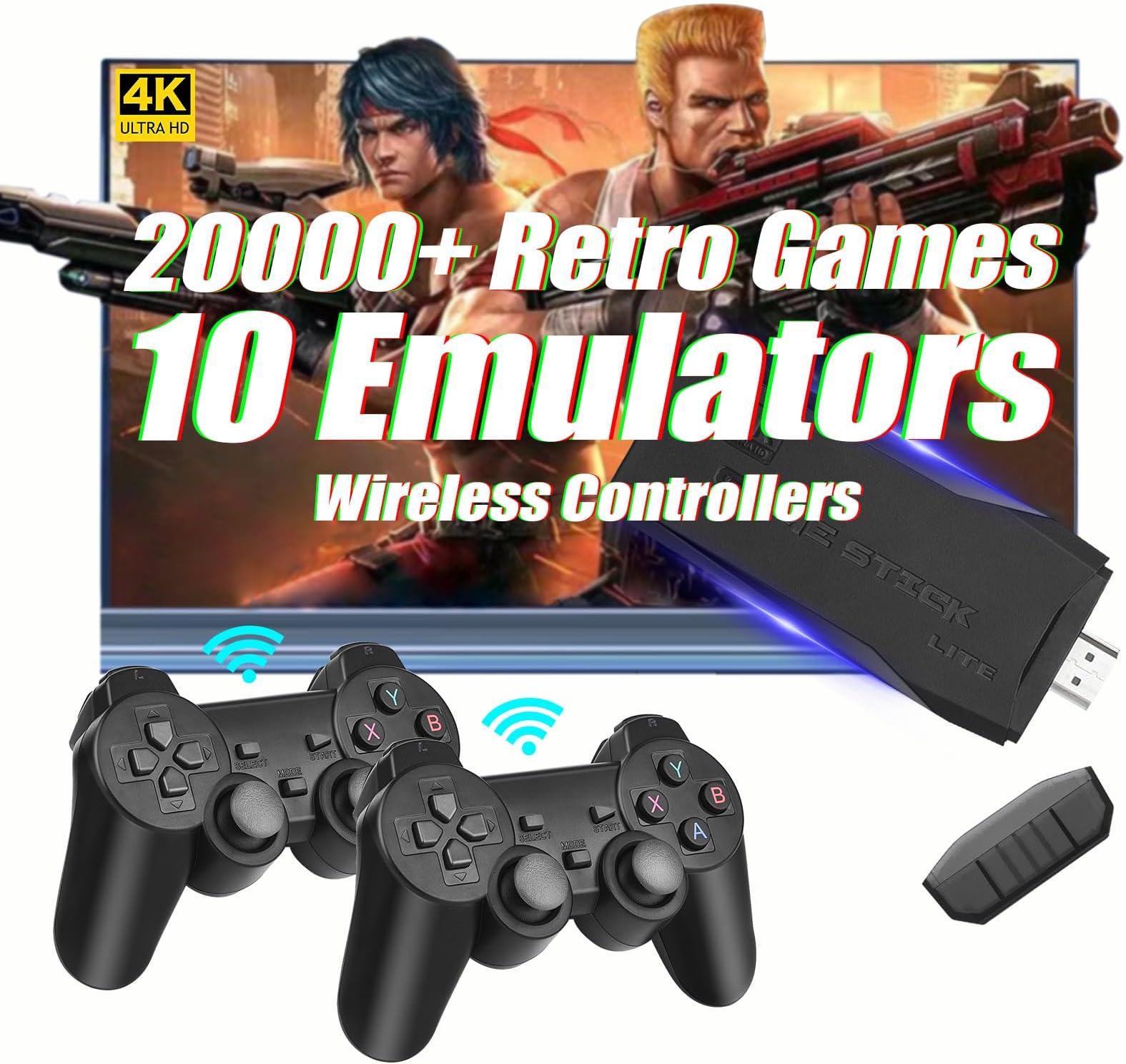Wireless Retro Gaming Console, 64G Game Console with Built-in 20,000 Games, 10+ Emulators, Dual Wireless Controllers, Plug & Play Video Game Consoles, 4K HDMI Nostalgia Stick for TV