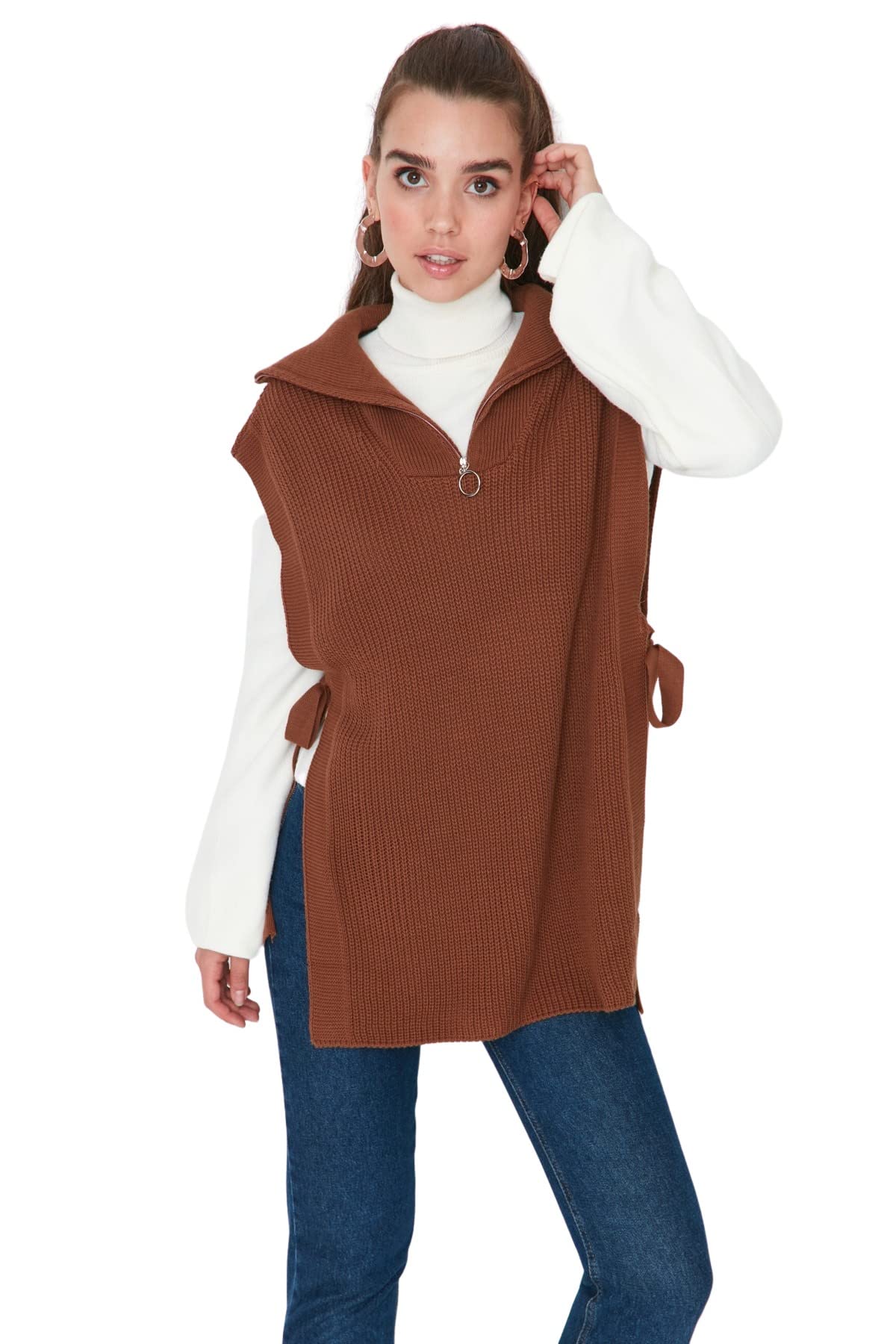 Trendyol Damen Braun Kapuze Zopfmuster Regular Pullover Weste Sweater, Brown, 36 Eu