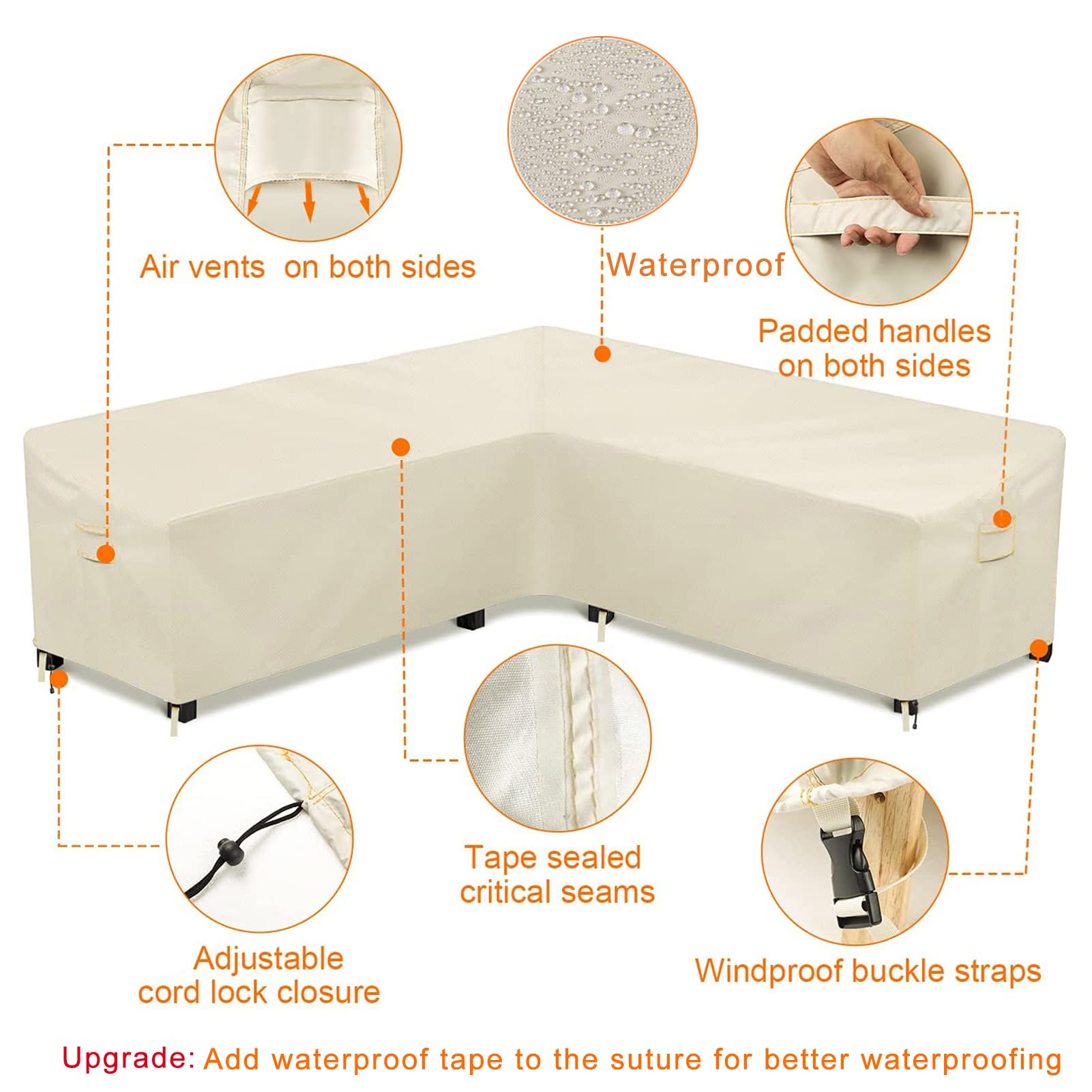 Funda para Muebles de Jardín, Cubierta Impermeable en Forma de L/V para Sofá de Esquina, Cubiertas Antipolvo para Uso en Exteriores (215x215x87x80cm,Beige)
