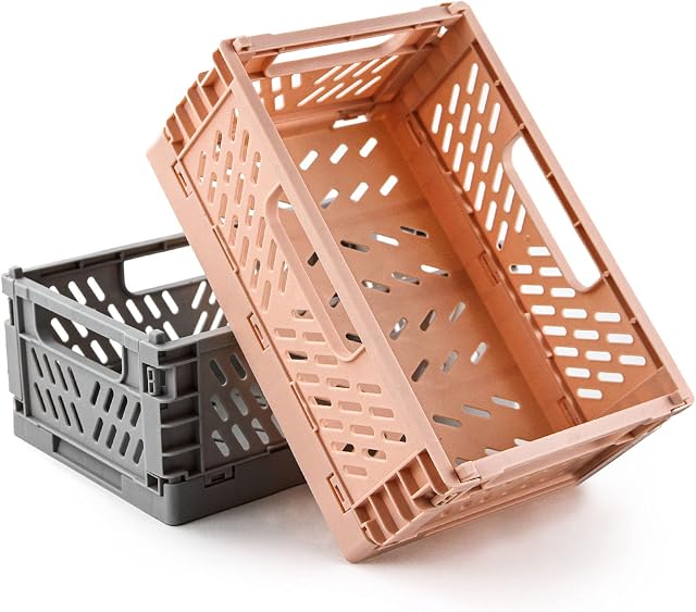 Spesh 2 Pcs Collapsible Storage Boxes Plastic Crates Stackable Storage Bins with Handles for Kitchen,Office,Bedroom (22*15*9cm, Pink + Grey)
