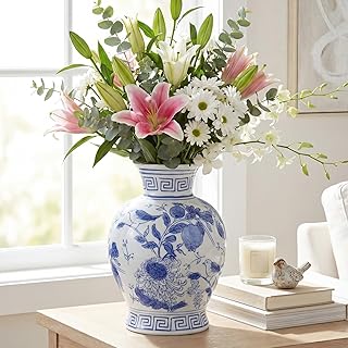 Blue and White Vase Vintage Ceramic Vases for Home Decor 8.7in Floral Chinoiserie Porcelain Vase with Antique Rustic Design for Table Living Room Bathroom Shelf Office Decor Mantel
